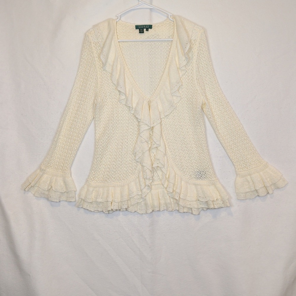 Lauren Ralph Lauren Ivory 100% Linen Ruffle Open Knit Cardigan Sweater M